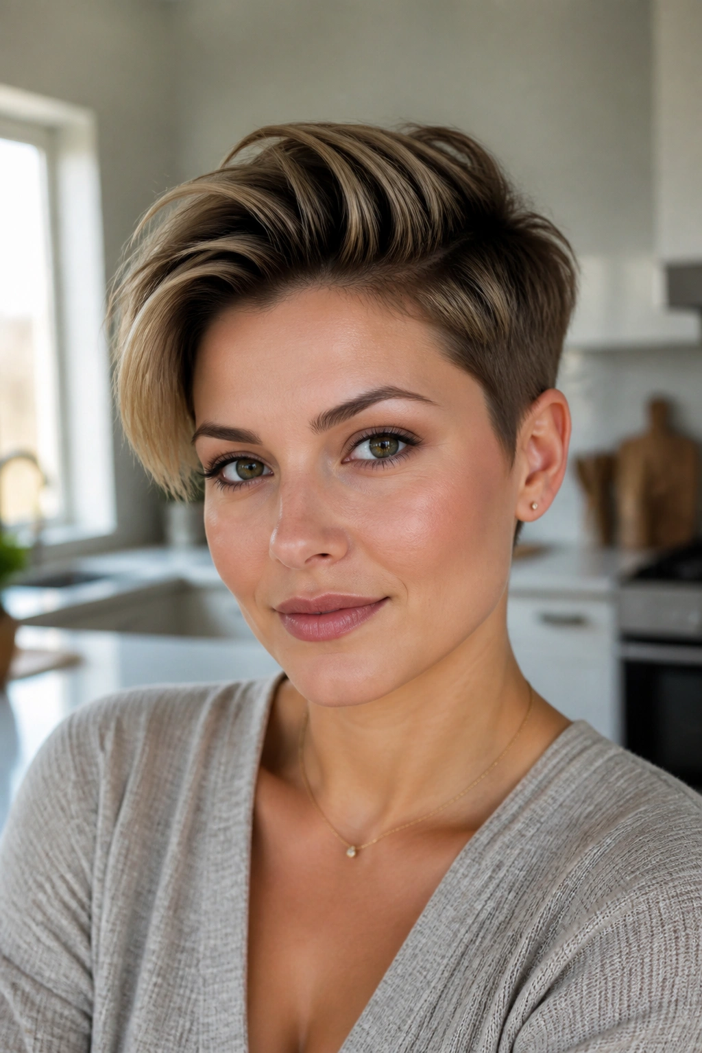 Close-up portrait of a real woman with a polished crop and long top