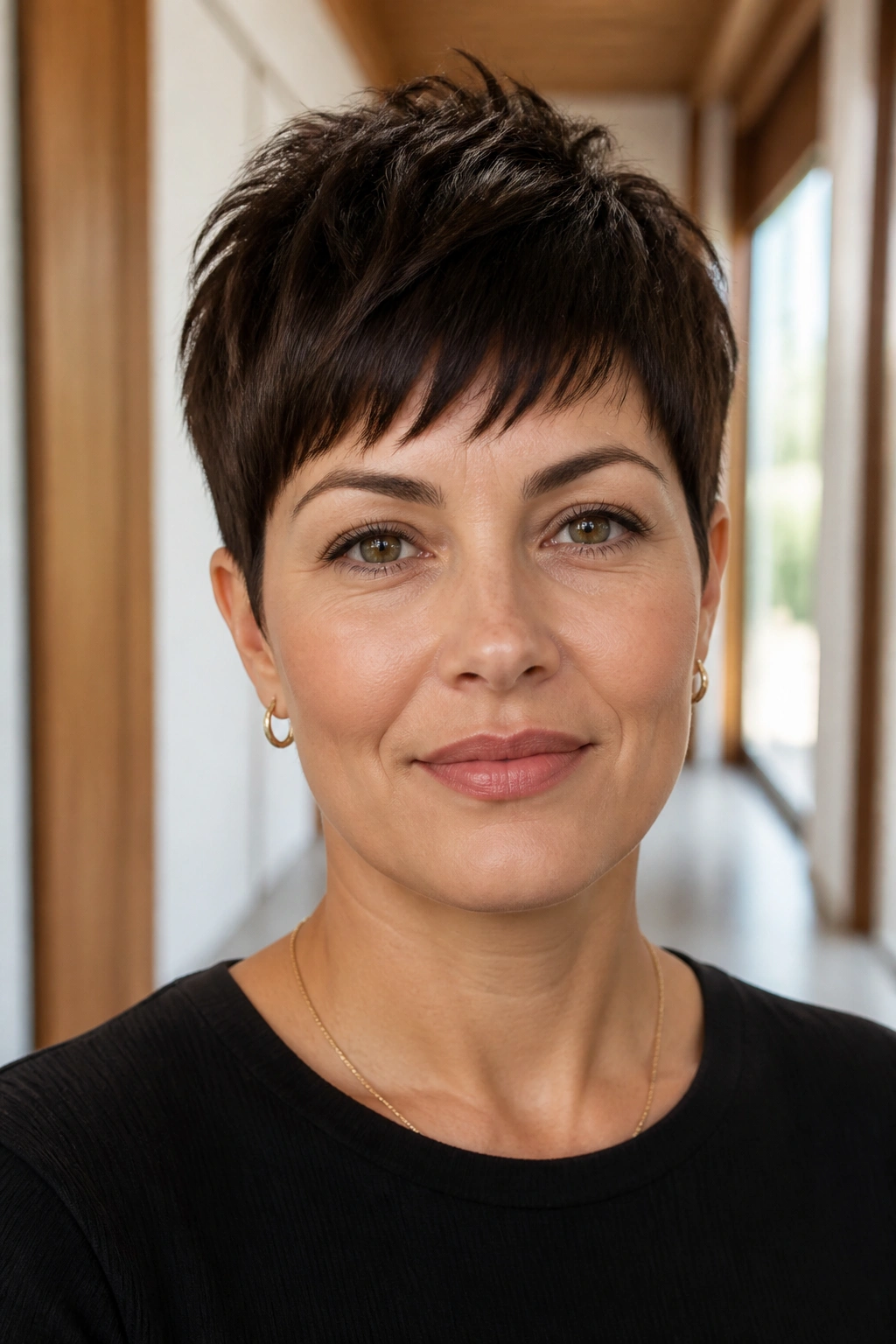 Portrait of a person with polished crop and tucked nape for a clean neckline.