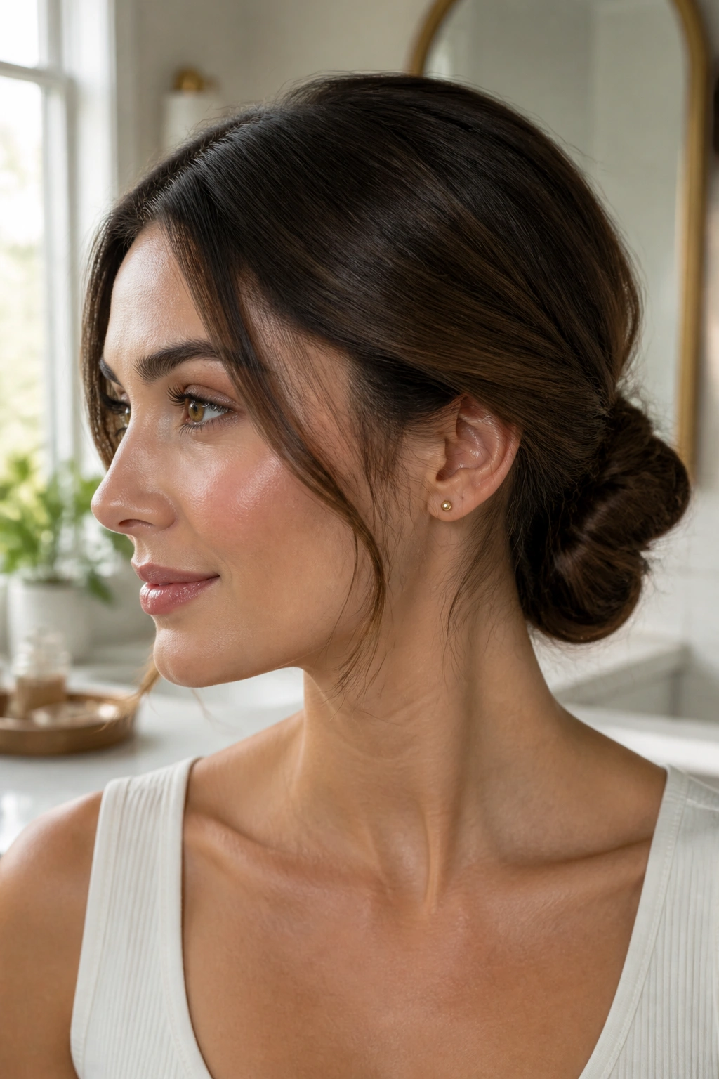 Close-up of a real woman with a polished everyday low bun in a bright bathroom