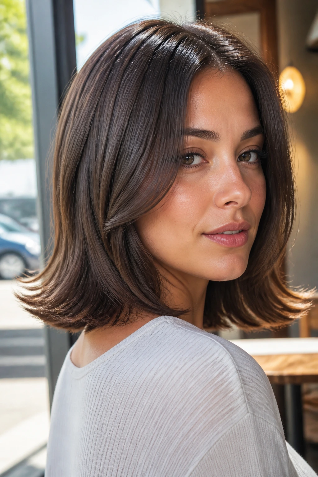 Close-up of shoulder-length hair with polished flip-out ends in cafe-window light