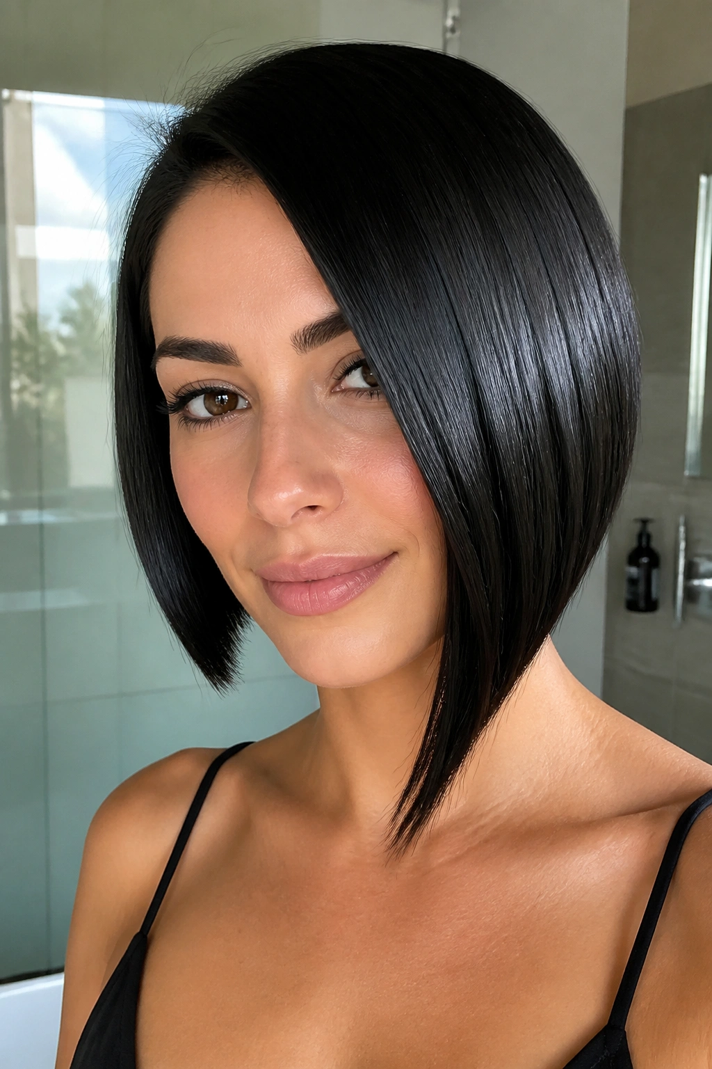 Real woman with polished straight asymmetrical bob and glossy finish in a modern bathroom