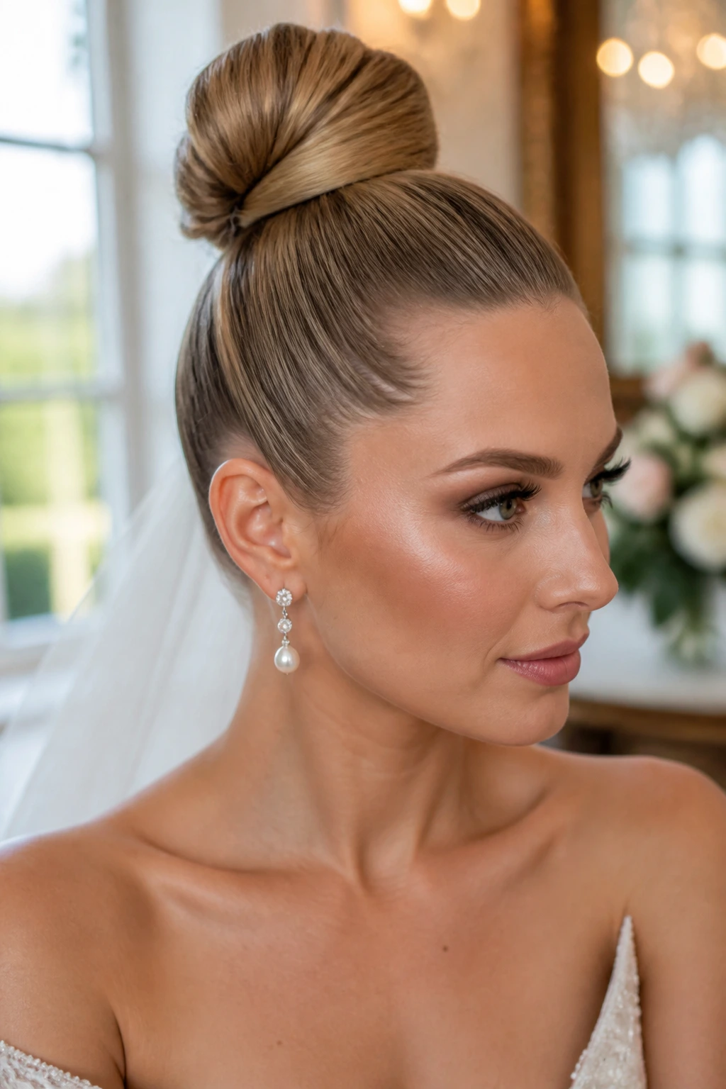 Close-up of a bride with a polished high bun in a bright bridal suite.