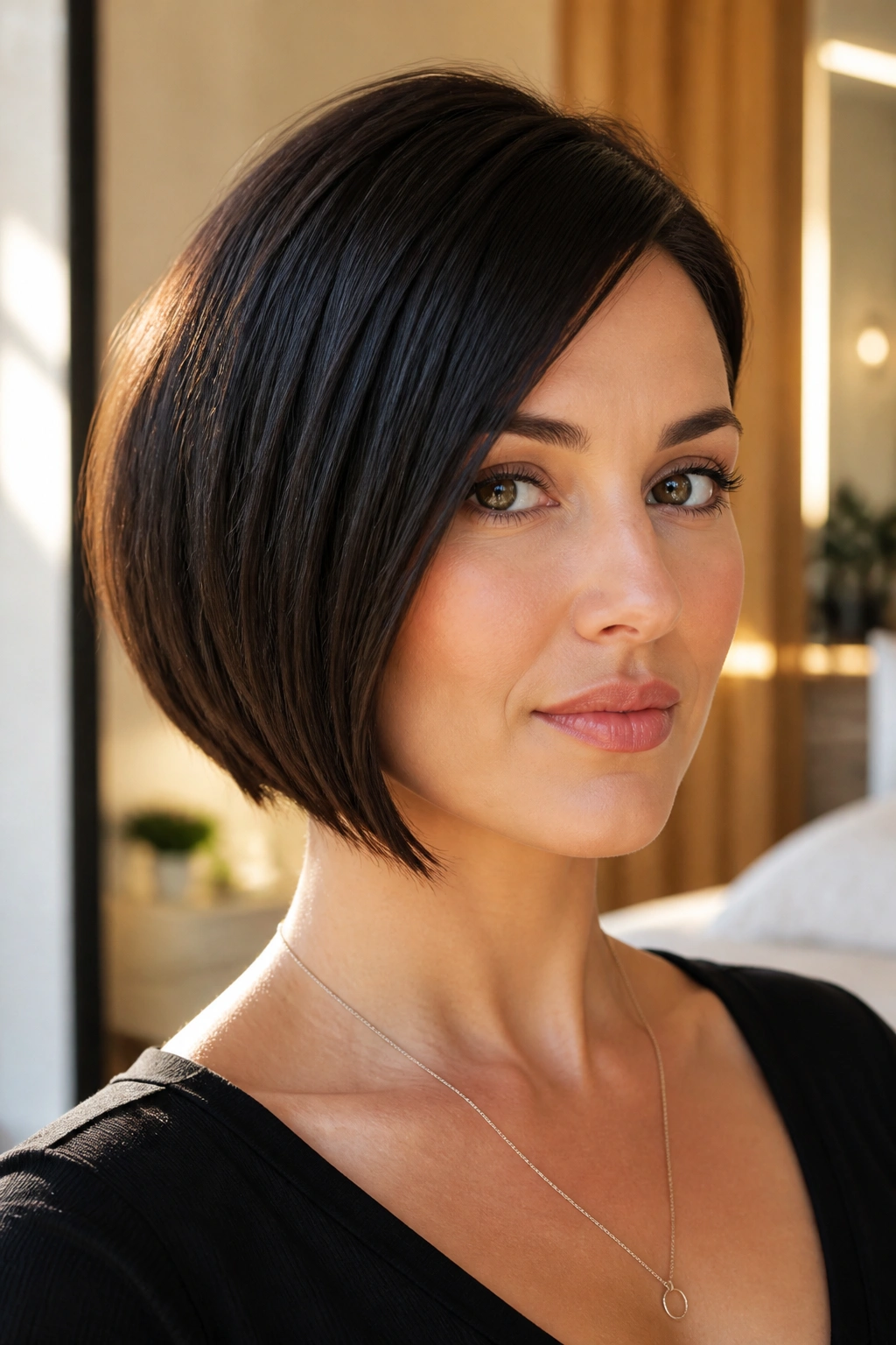 Portrait of a real woman with a polished inverted bob for fine hair.