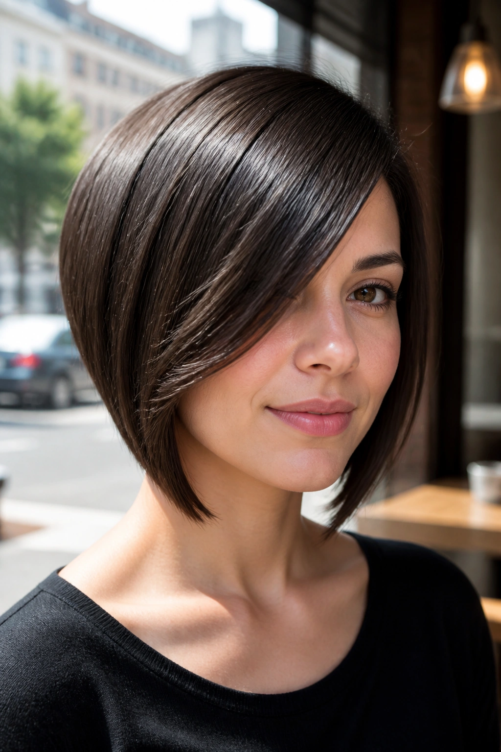 Portrait of a woman with a polished inverted bob and long side fringe