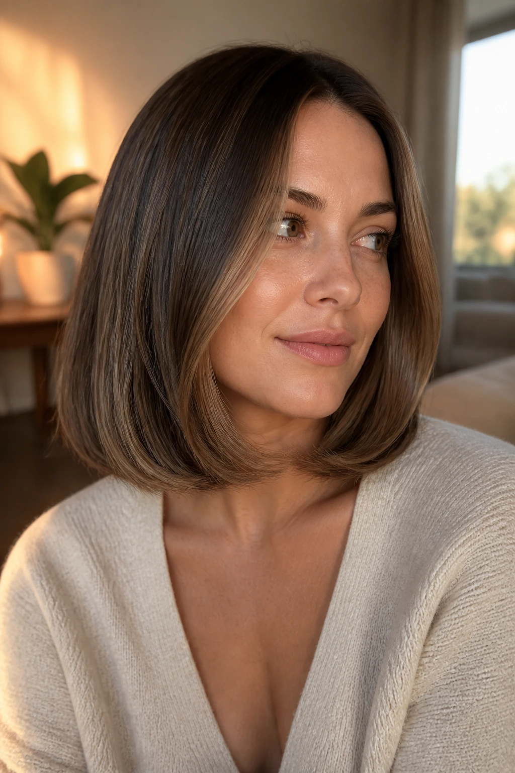 Close-up of real person with polished lob and rounded ends