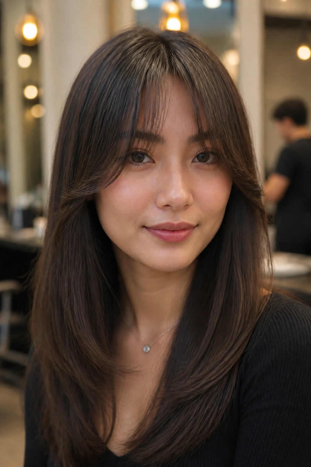 Close-up portrait of a real woman with a long bent fringe on straight hair in a salon setting