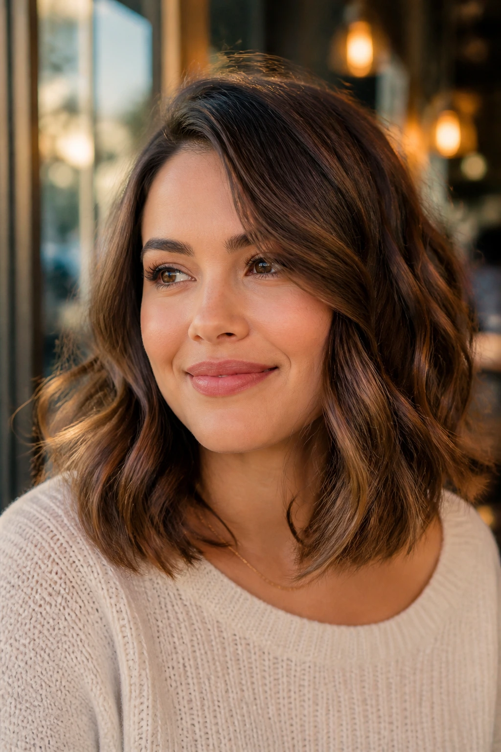 Portrait of a real woman with a polished long wavy bob at golden hour