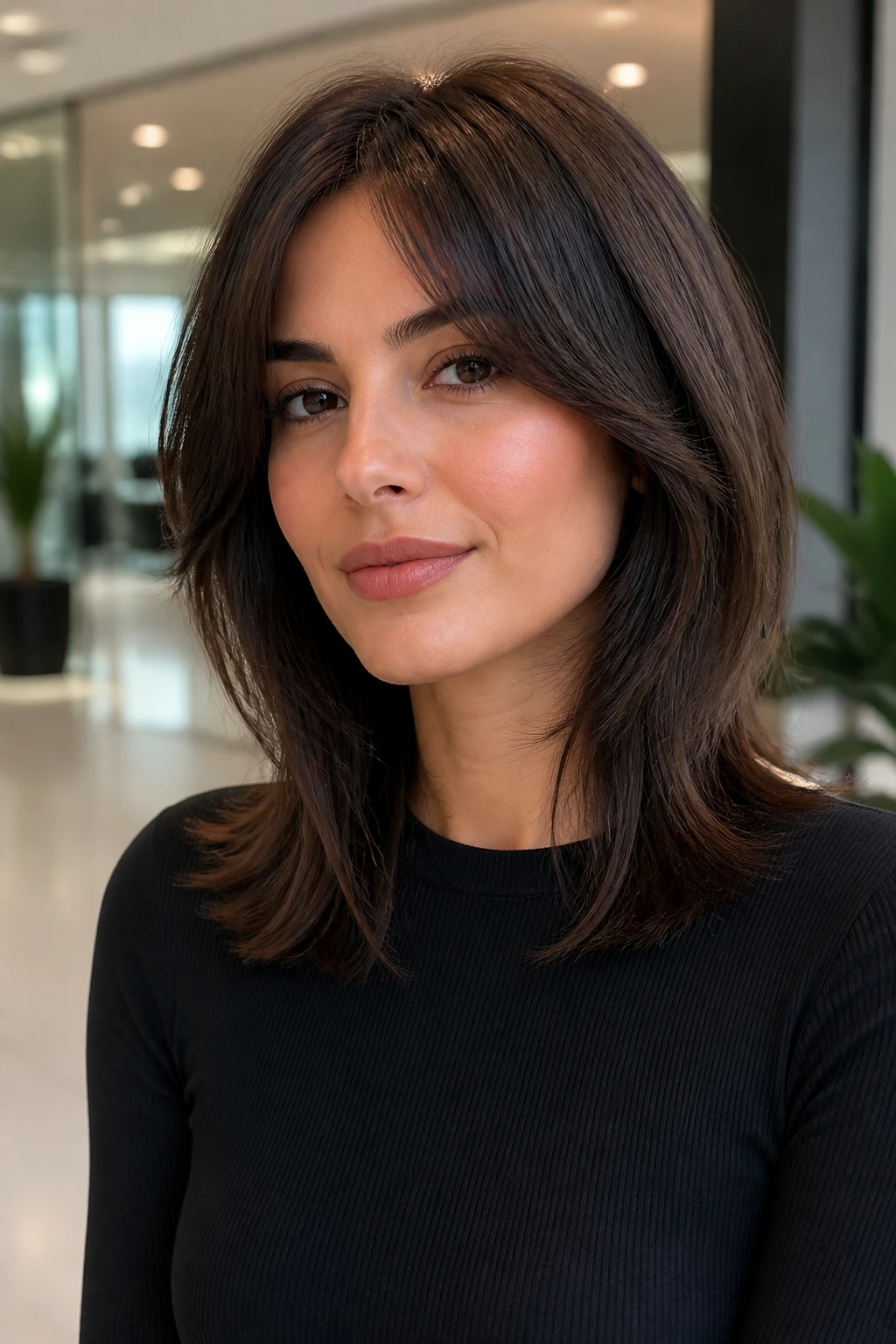 Close-up portrait of a real woman with a polished medium shag and minimal layers.