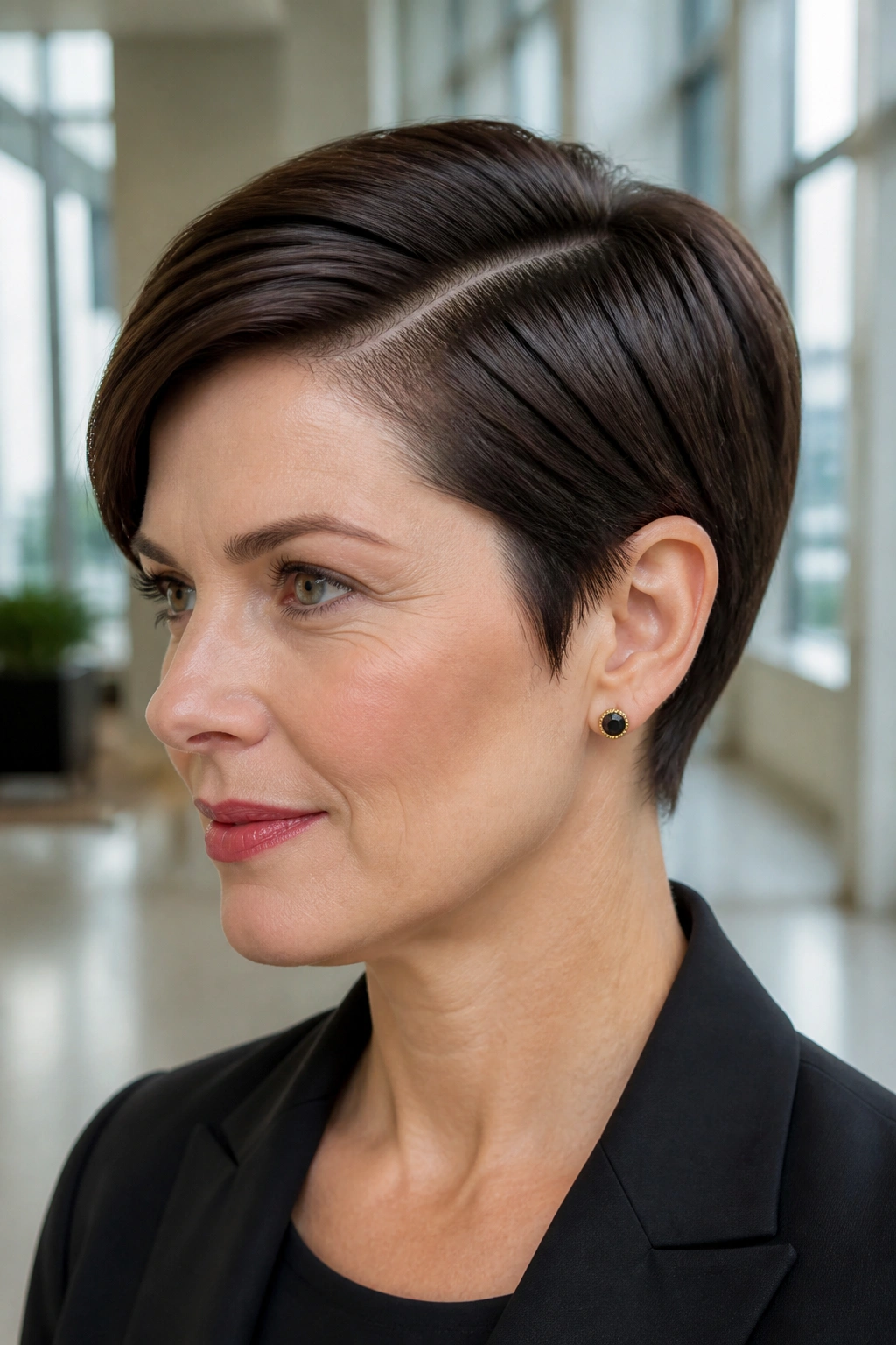 Portrait of woman with polished office pixie and deep part in a bright office