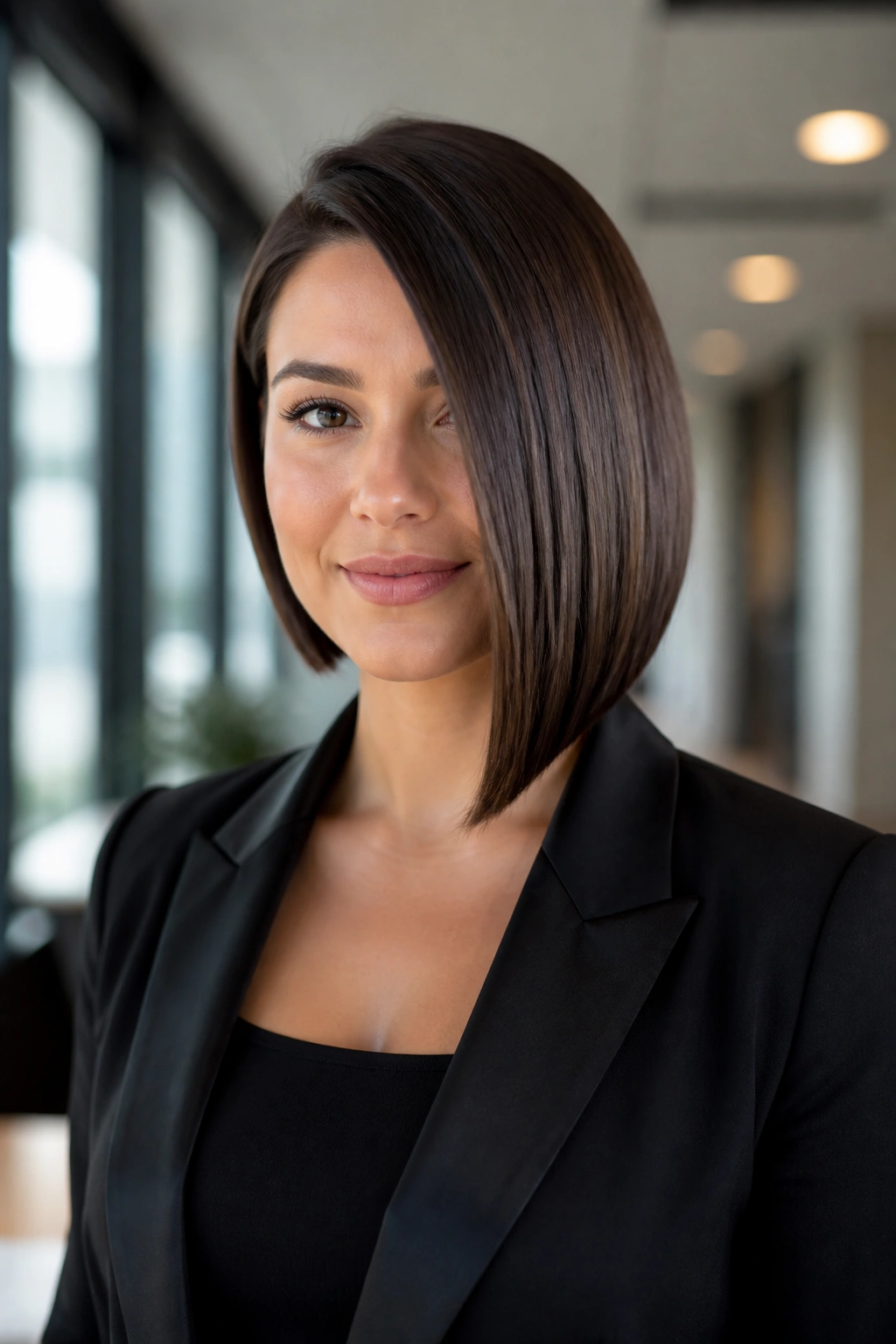 Real woman with a polished one-sided bob in natural light showing sharp diagonal line