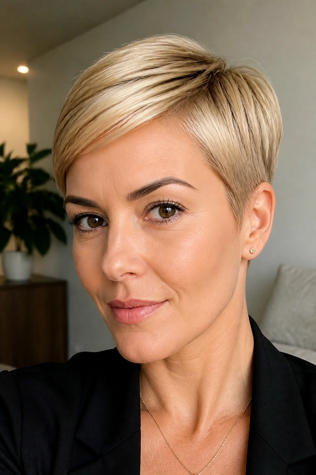 Close-up of a real woman with slick polished blonde pixie