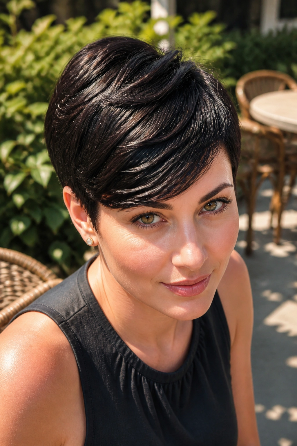 Real woman with a polished pixie and side-swept fringe