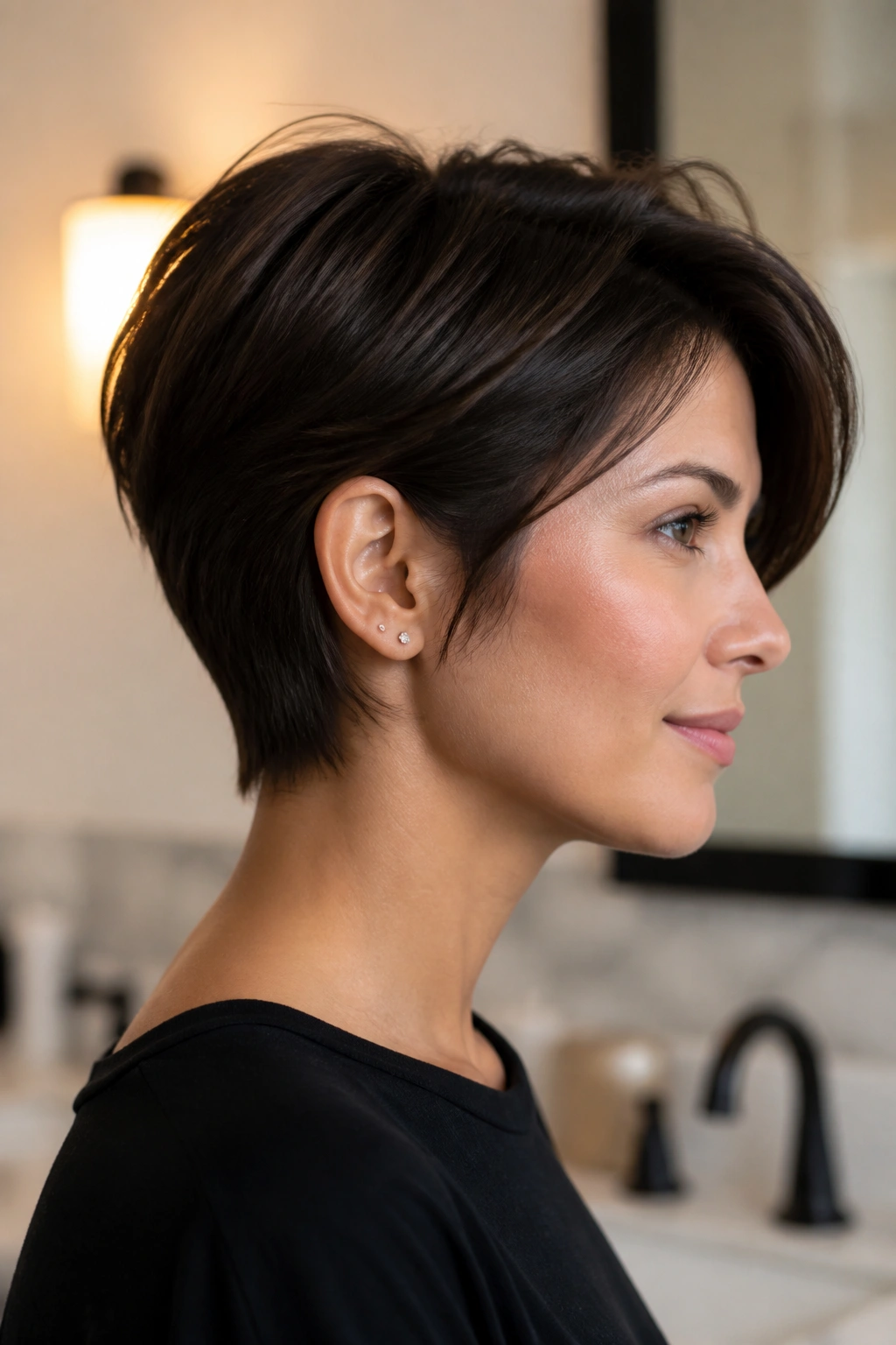 Close-up of a real woman with a polished long pixie and soft nape.