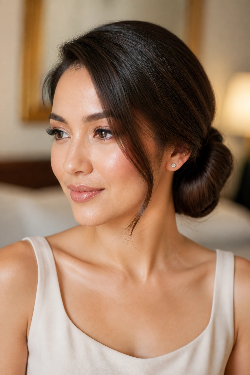 Side view of a real woman with a polished side bun.