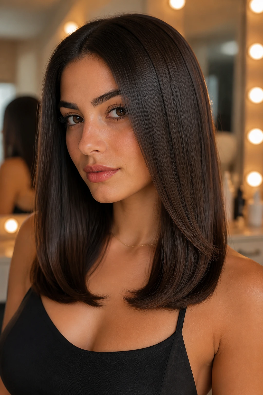 Close-up of a real woman with polished straight hair and beveled ends