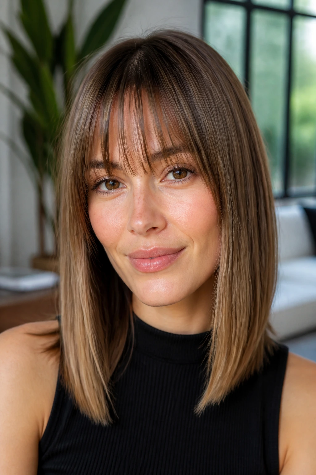 Close-up of a real woman with a polished straight cut and piecey fringe