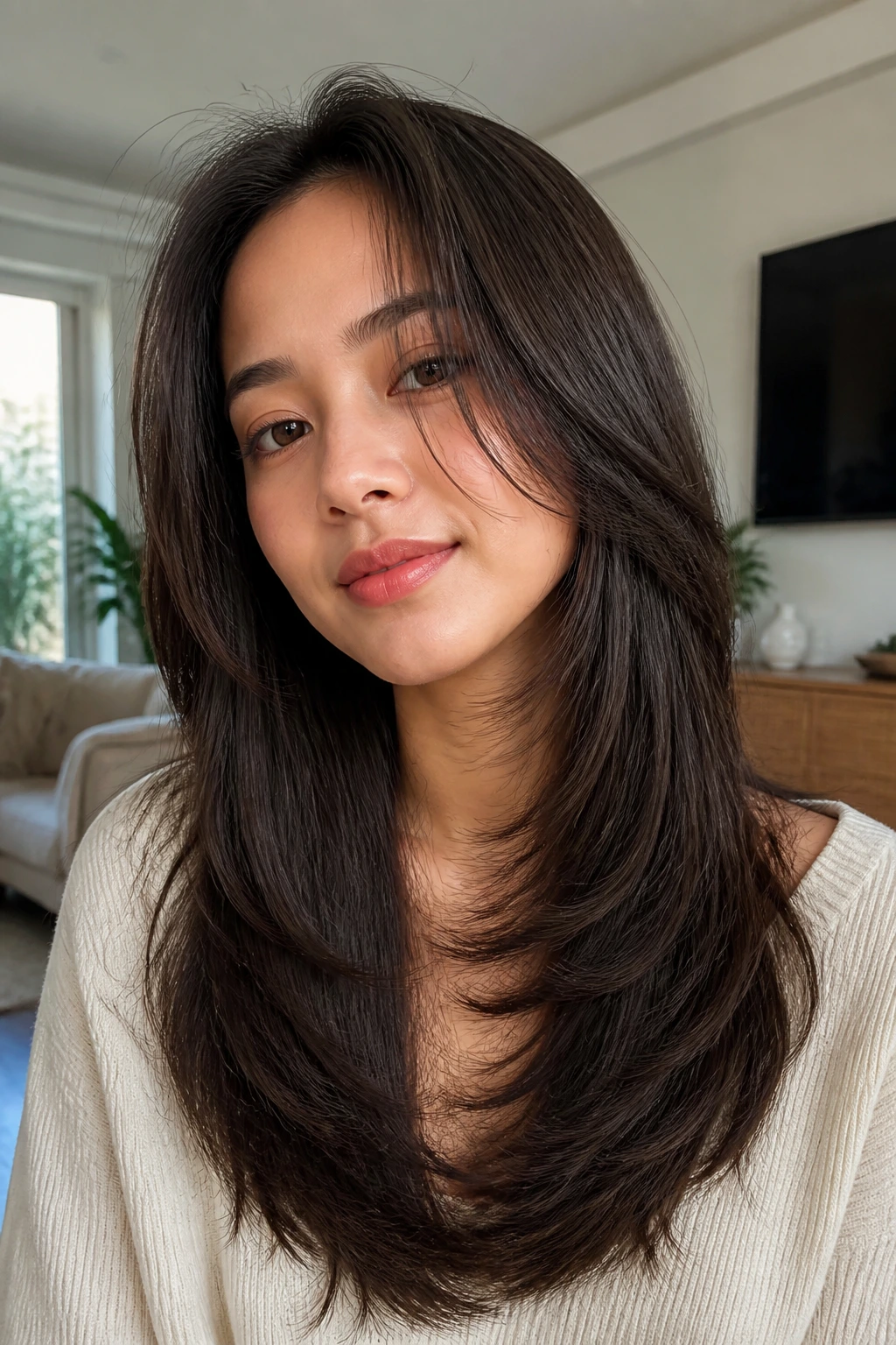 Portrait of a real woman with a polished U-cut and subtle interior movement