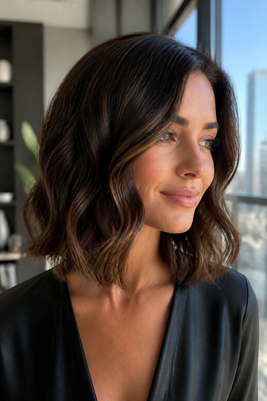 Close-up portrait of a real woman with polished wavy lob and glossy finish