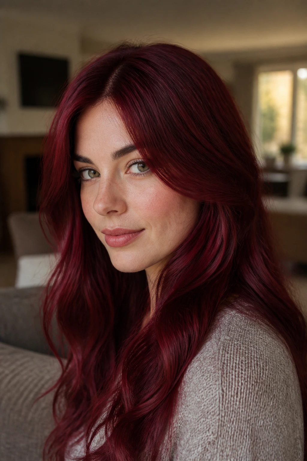 Portrait of a real woman with deep pomegranate cherry hair in loose waves.