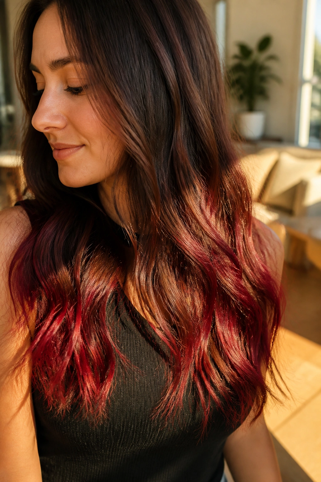 Close-up of a real woman with pomegranate red ends on brown hair