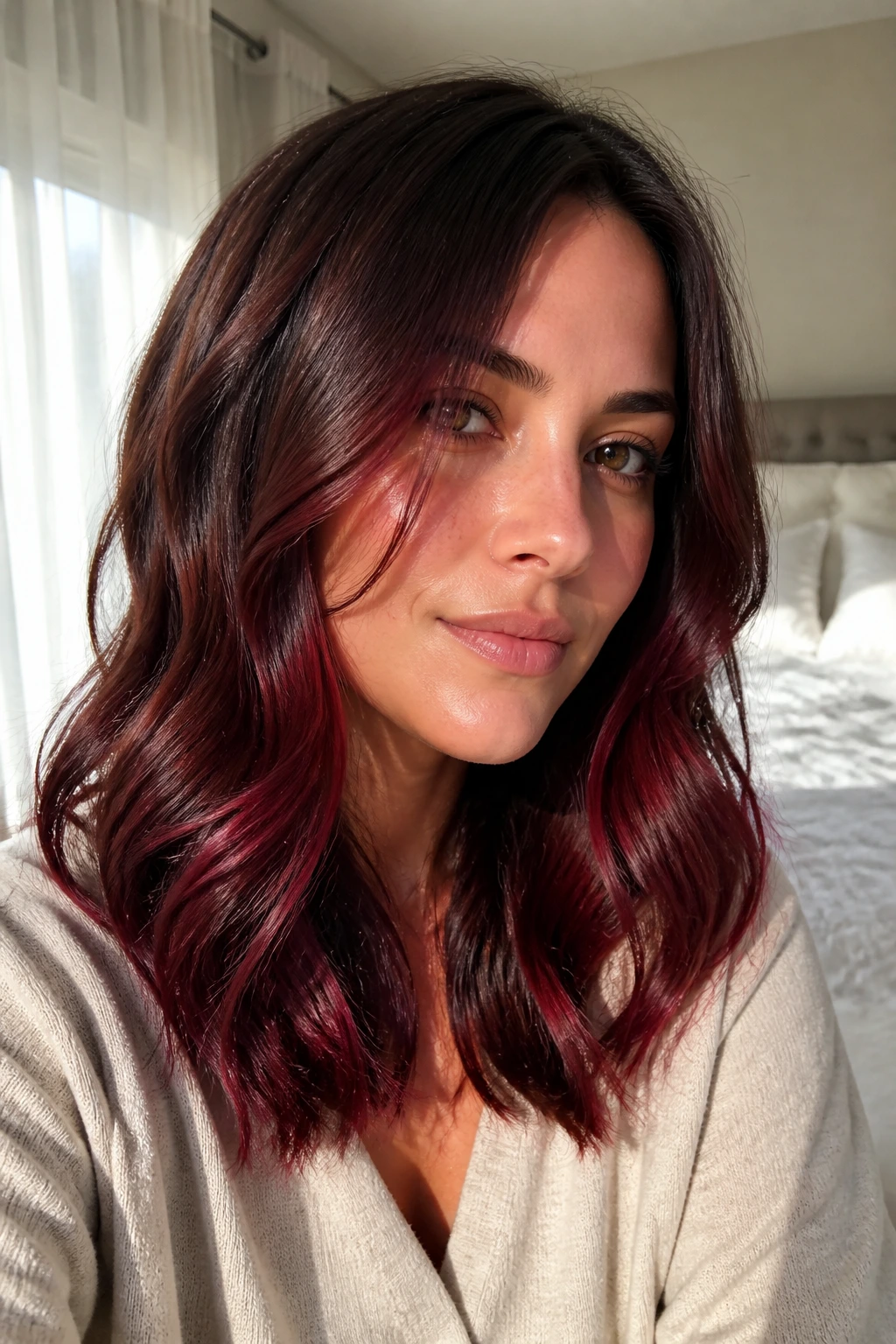 Portrait of brunette midlength hair with pomegranate lowlights through midlengths and ends.