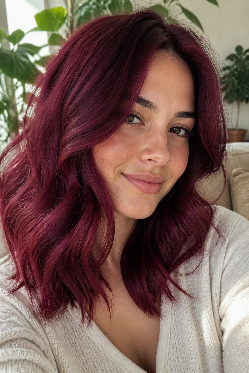 Close-up portrait of a real woman with pomegranate plum hair