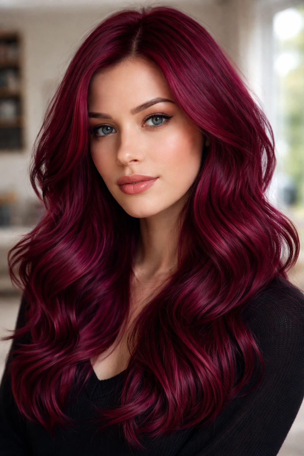 Close-up of a real woman with Pomegranate Pop hair color, vibrant purple-red shade.