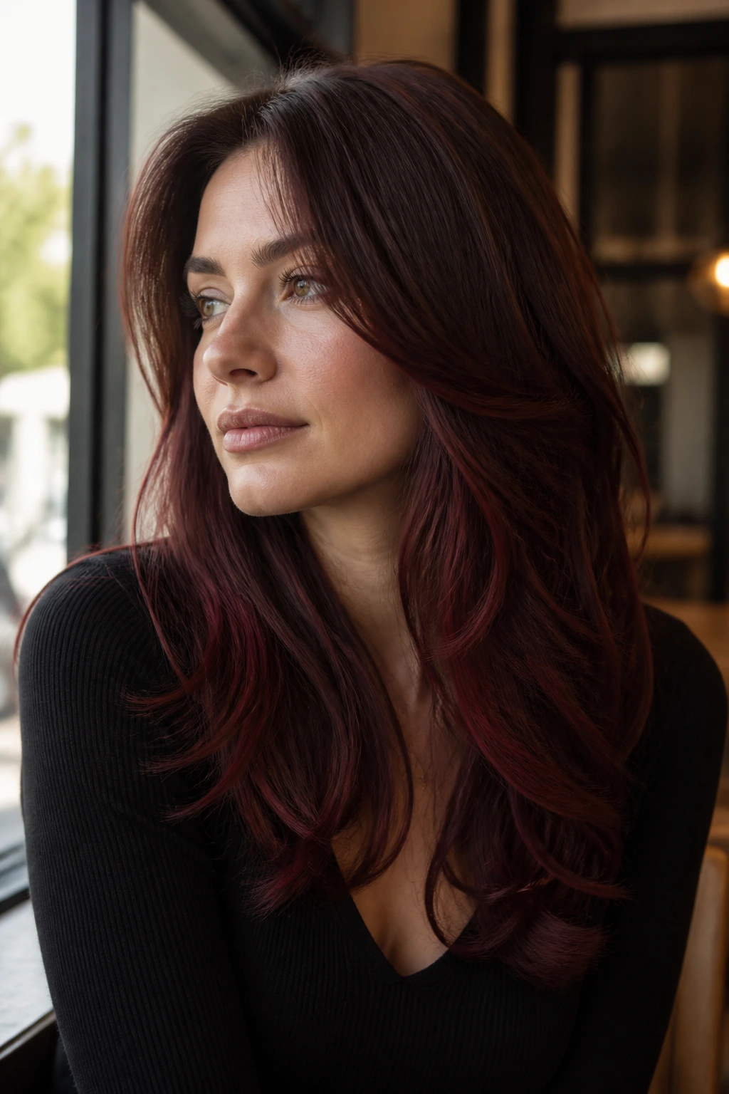 Close-up of a real woman with pomegranate red brown hair in a layered cut.