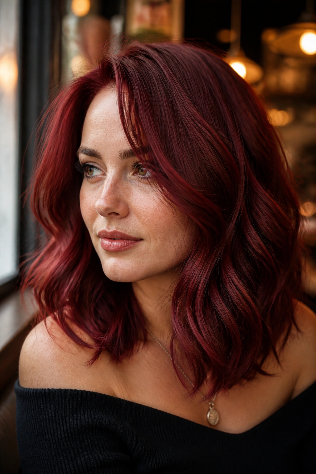 Close-up portrait of a real woman with a pomegranate red S-wave lob in warm cafe light