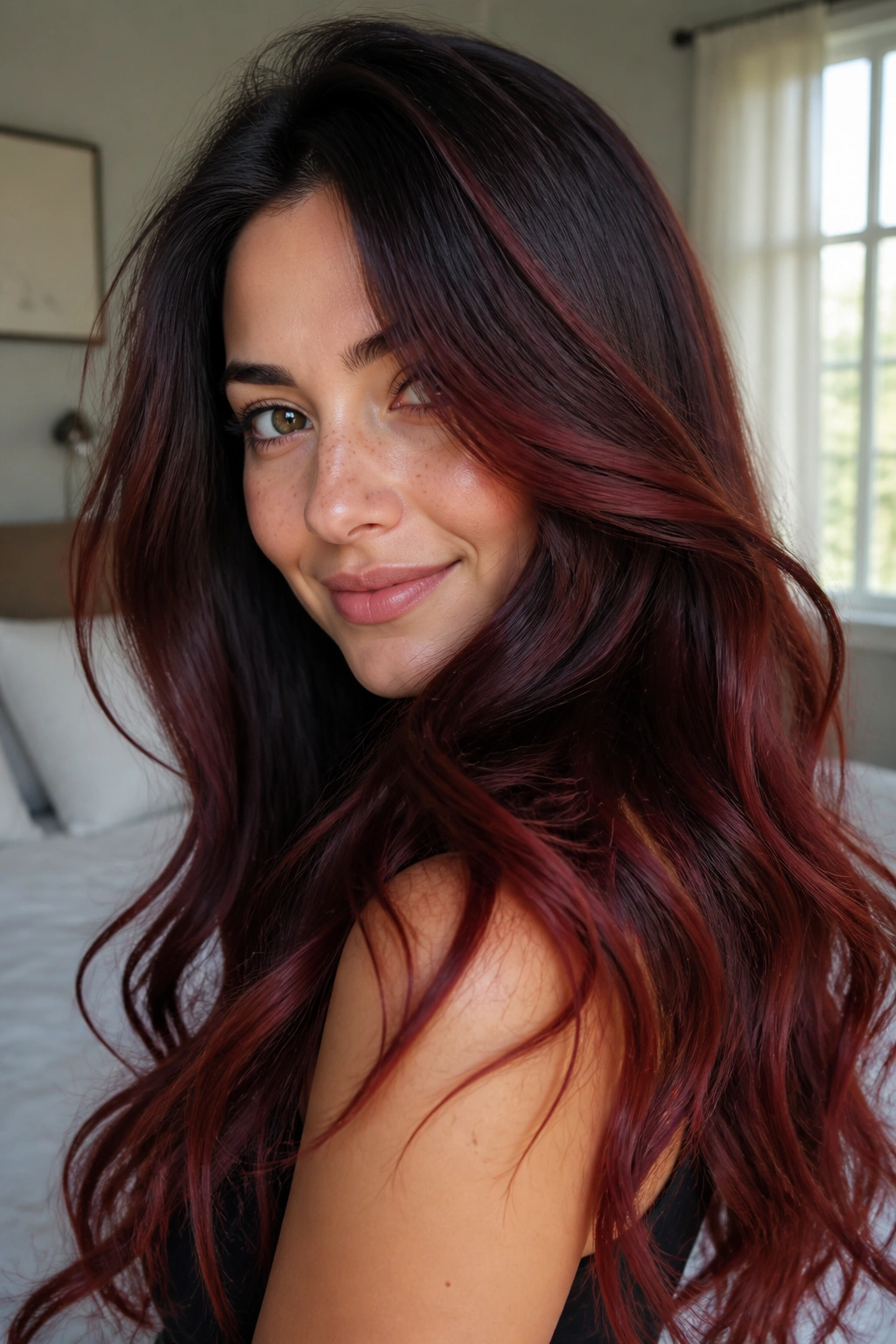 Close-up of brunette with pomegranate veil balayage soft red wash