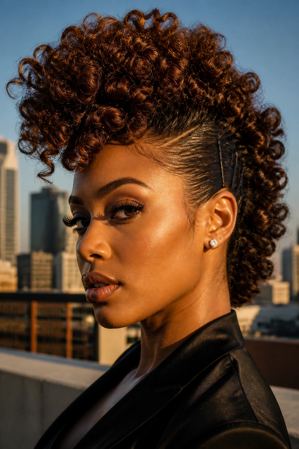 Close-up of a Black woman with a voluminous curly pompadour mohawk and sleek pinned sides