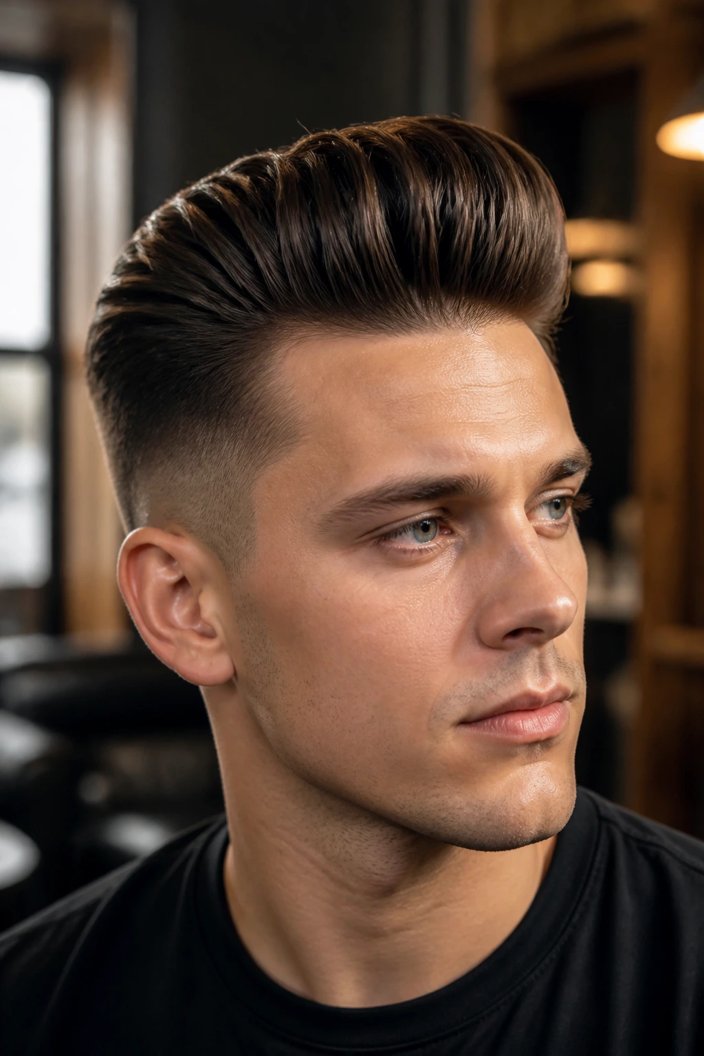 Close-up portrait of a man with a classic pompadour in chic urban interior