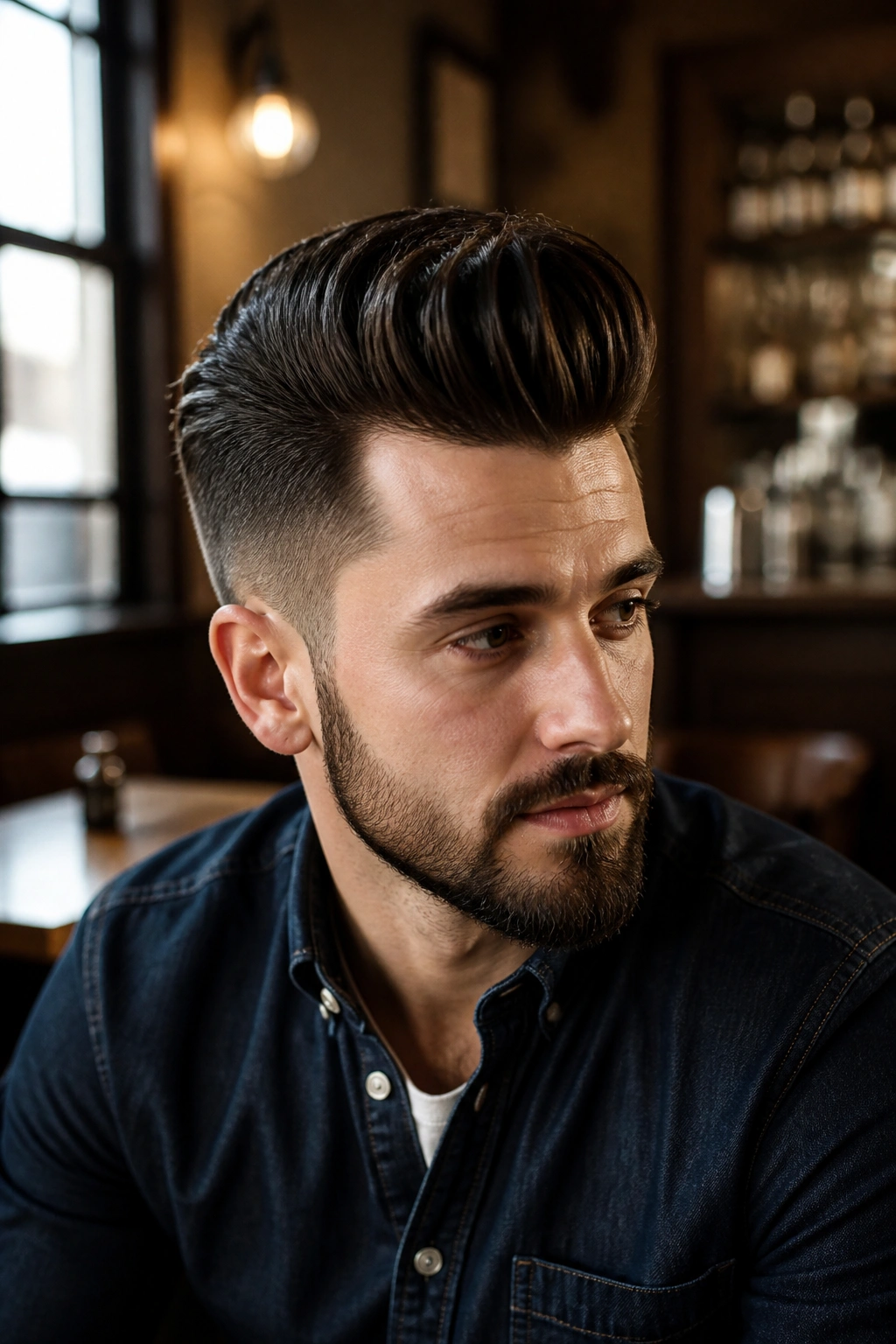 Portrait of a man with a modern pompadour in a vintage-inspired cafe