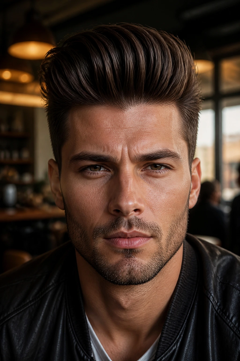 Close-up portrait of a man with a pompadour hairstyle