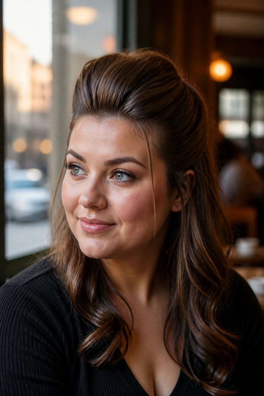 Close-up portrait of a real woman with a bold pompadour half-up style