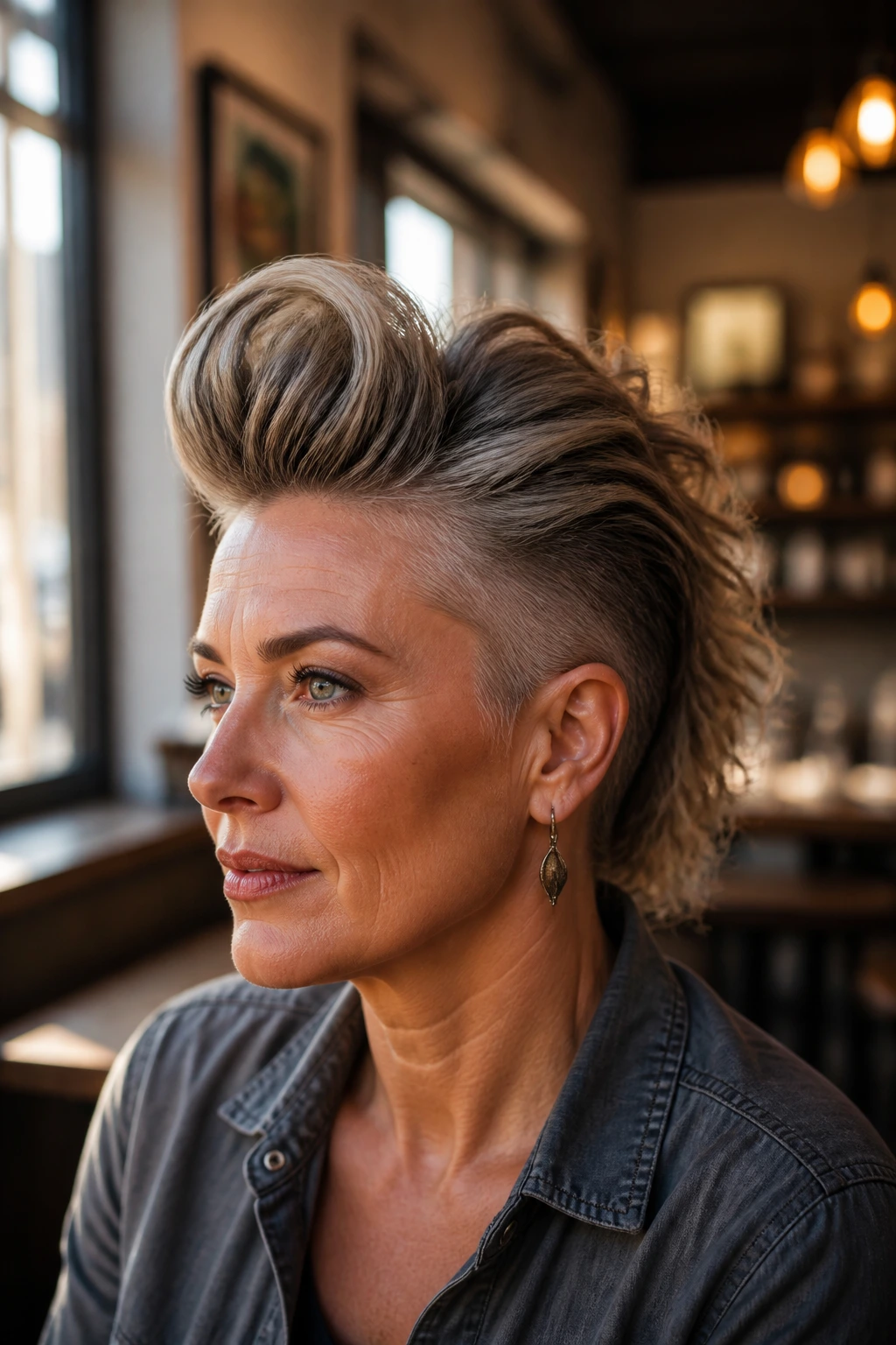 Close-up of a real woman with a dramatic pompadour mohawk.
