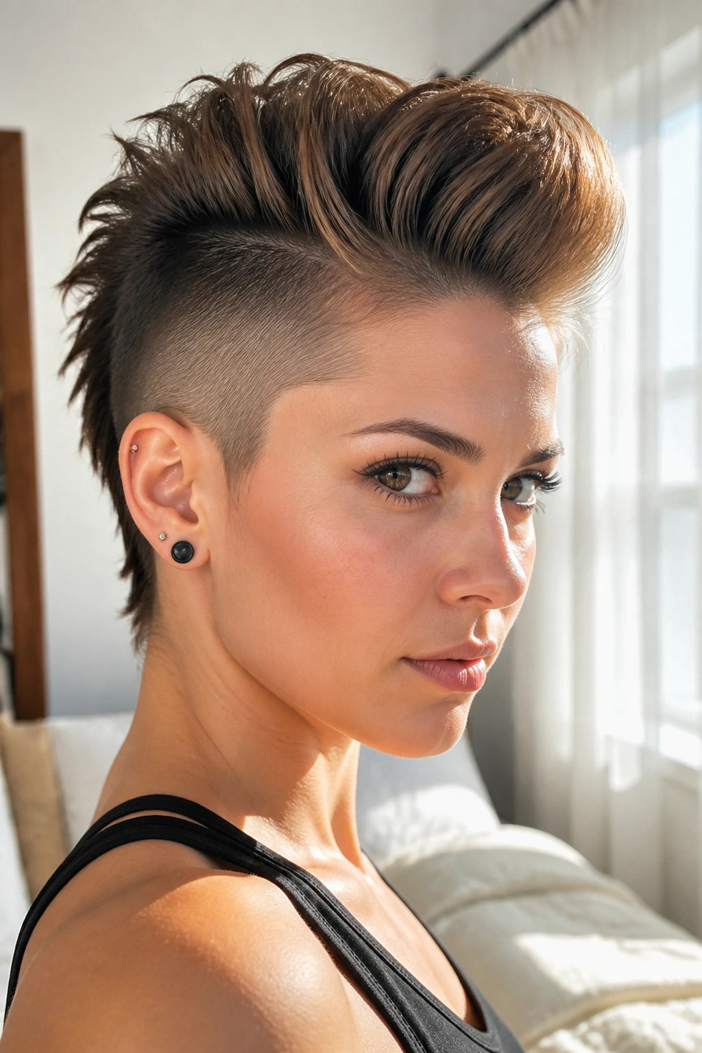 Close-up of real person with front-pompadour mohawk lift