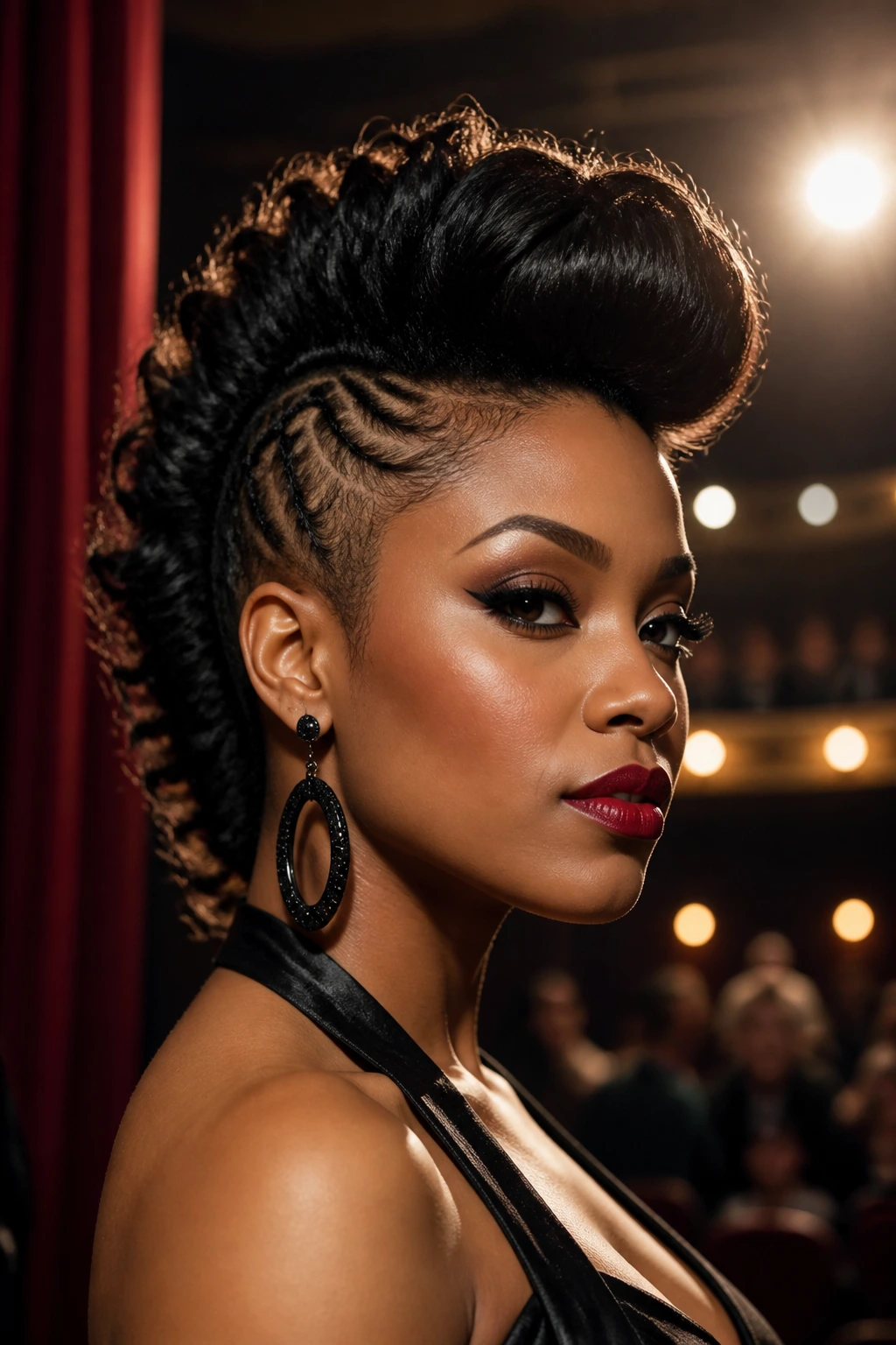 Portrait of a Black woman with a pompadour mohawk backstage in theater lighting