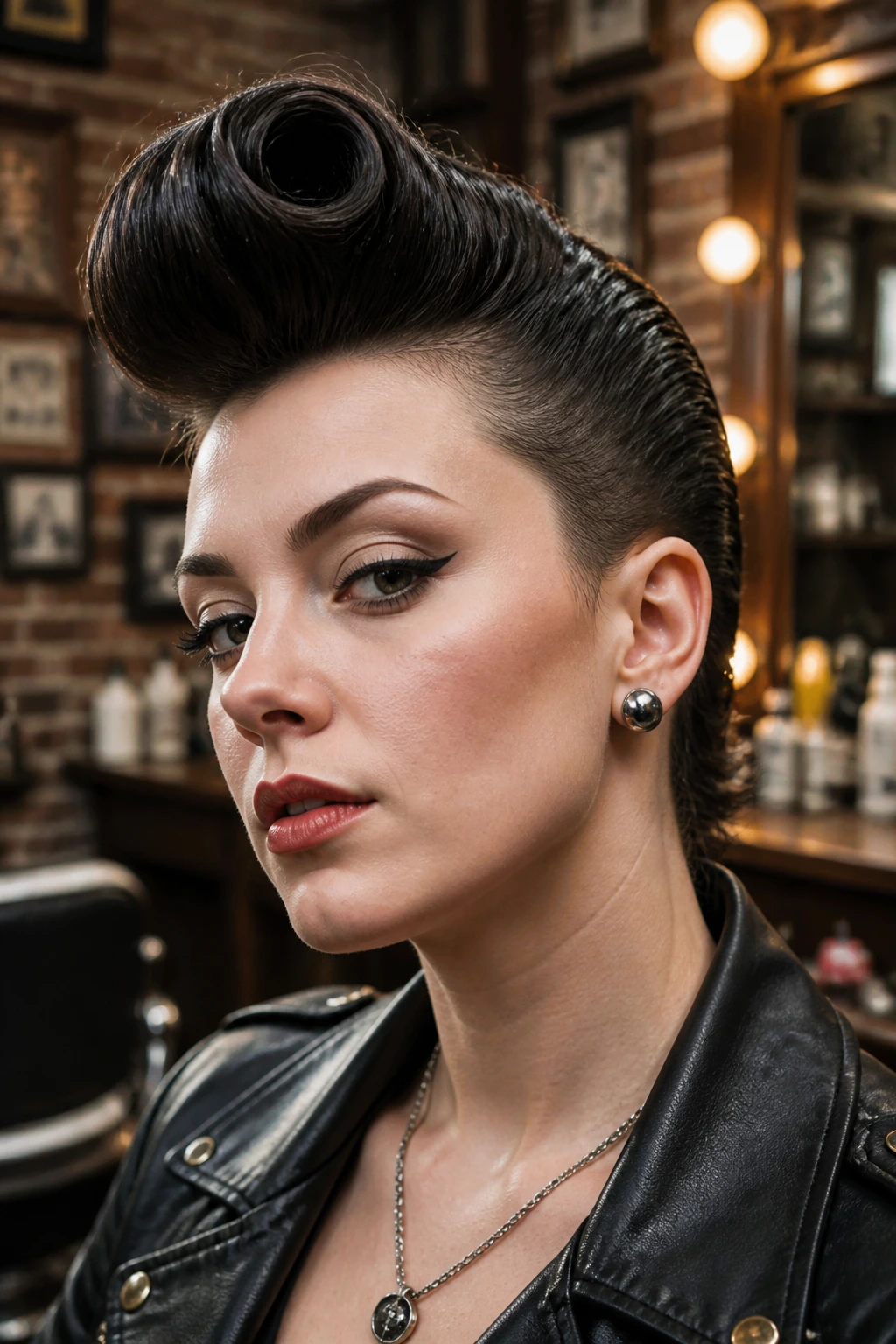 Close-up of a real person with a pompadour mohawk against a brick barbershop backdrop.