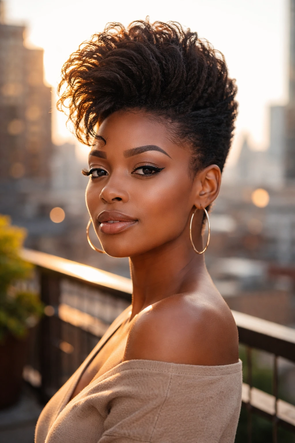 Close-up of a real person with a high-volume pompadour against a city rooftop backdrop.