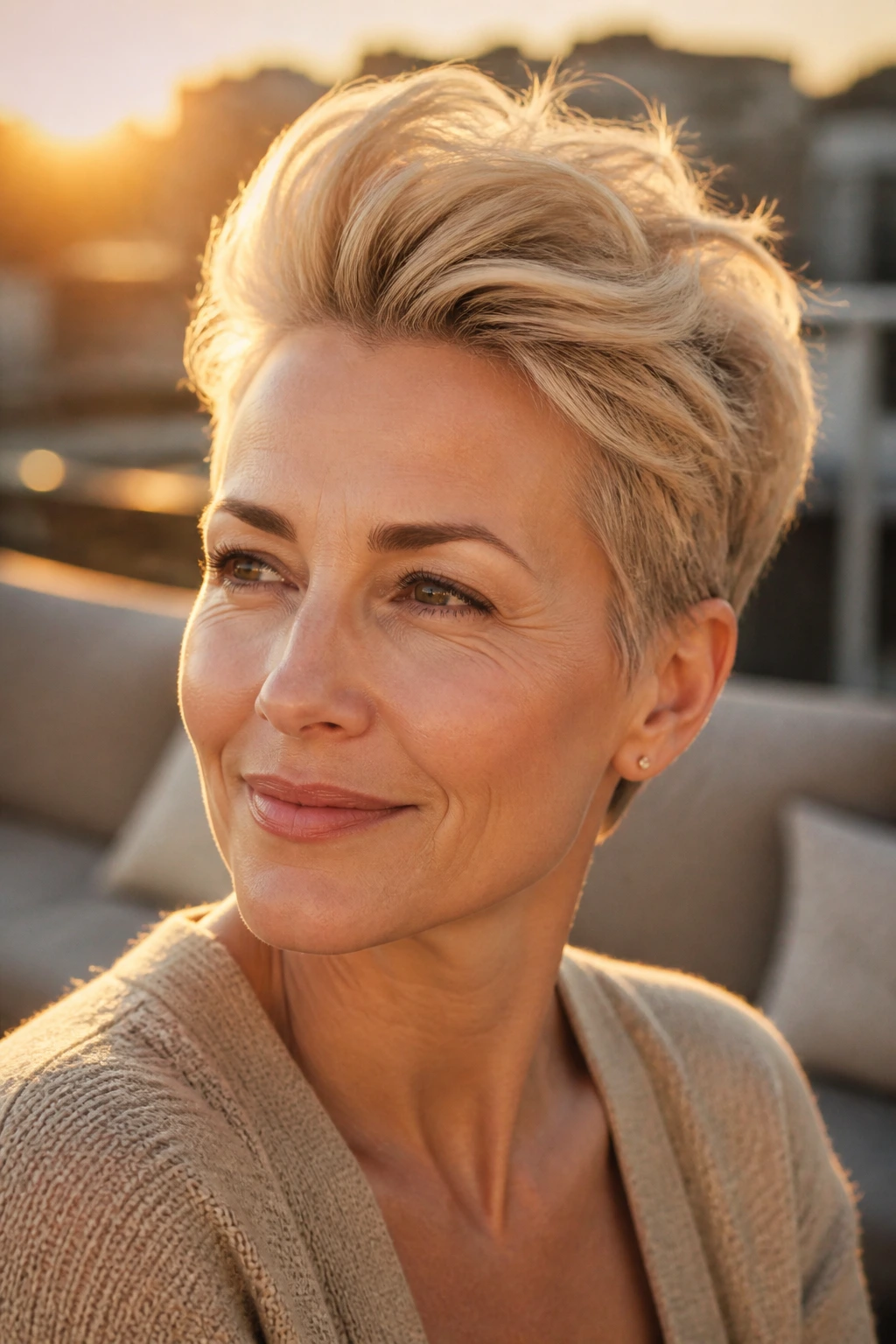 Close-up of a real woman with pompadour pixie in soft gold during golden hour