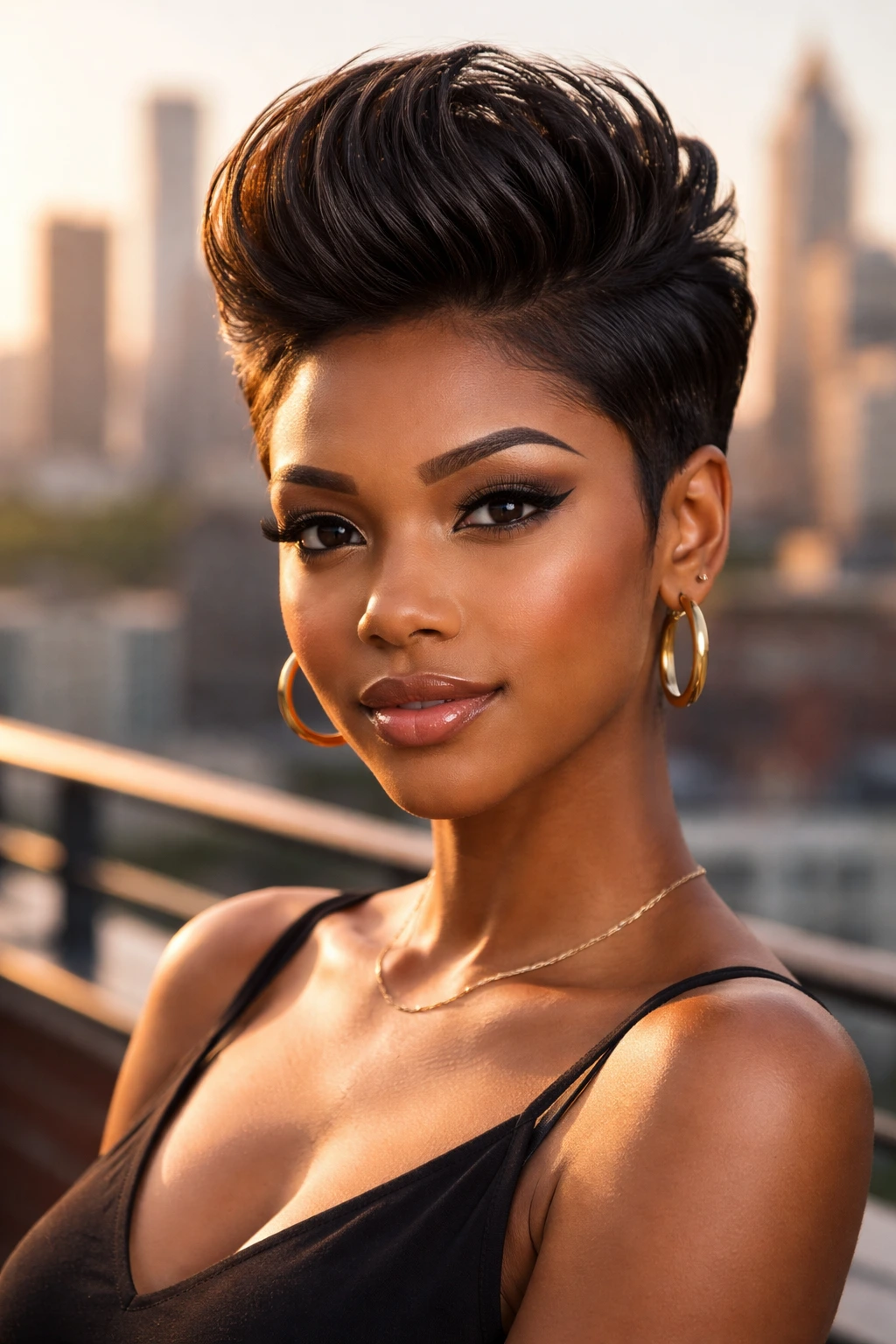 Close-up portrait of a real person with a pompadour pixie hairstyle