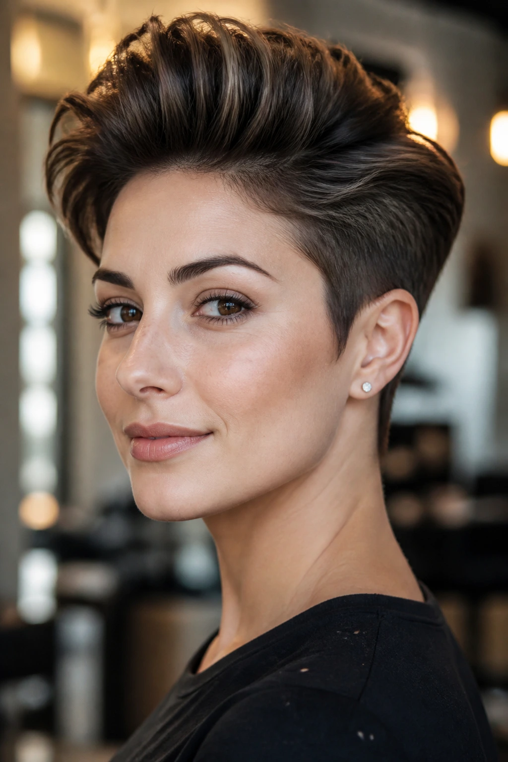 Close-up portrait of a woman with a pompadour pixie hairstyle