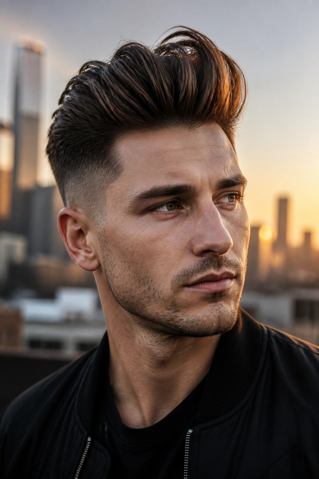 Close-up portrait of a man with a pompadour hairstyle on a rooftop at golden hour