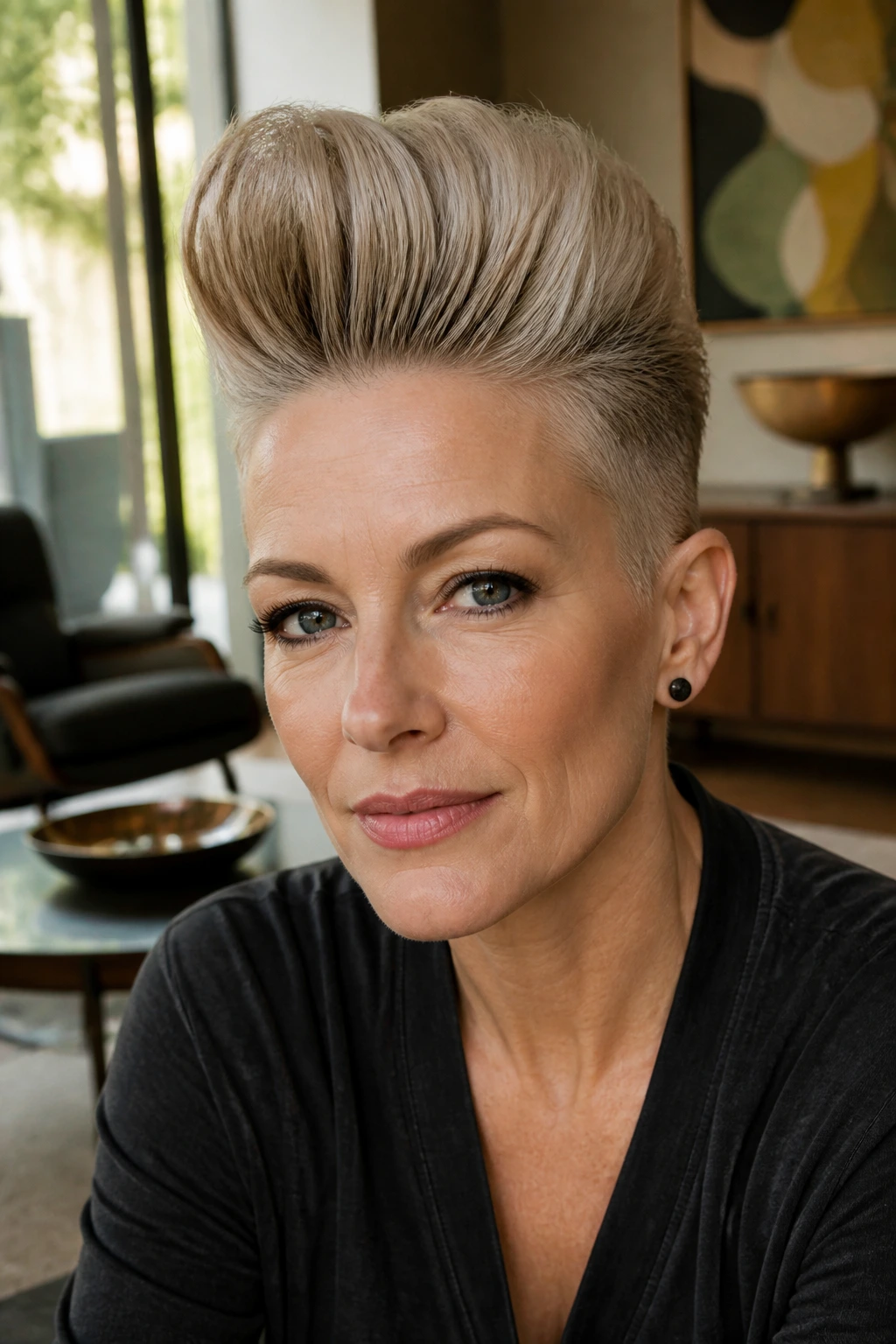 Close-up of a woman with a dramatic pompadour quiff in a mid-century styled room.