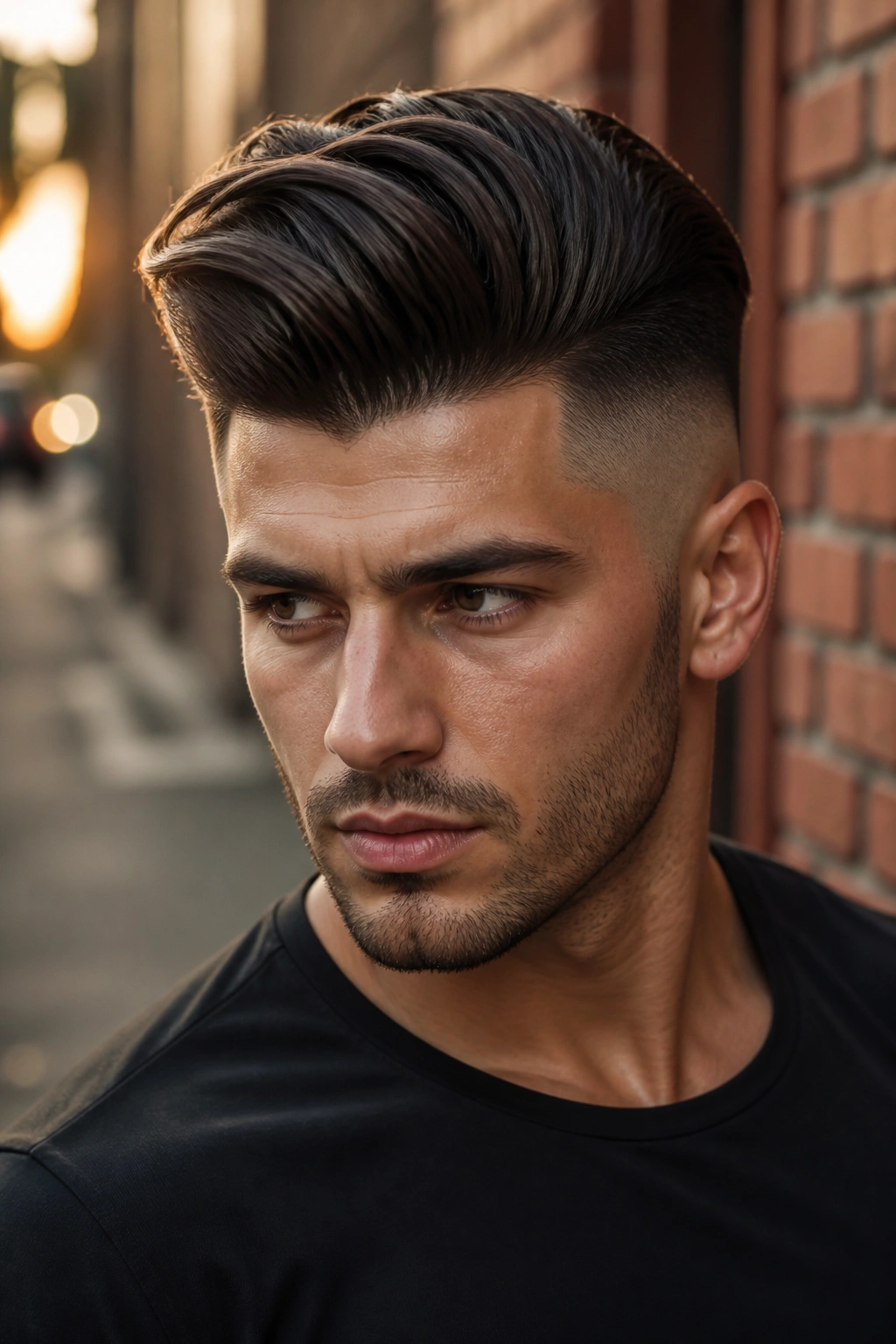 Real man with classic pompadour and skin fade, dramatic sweep