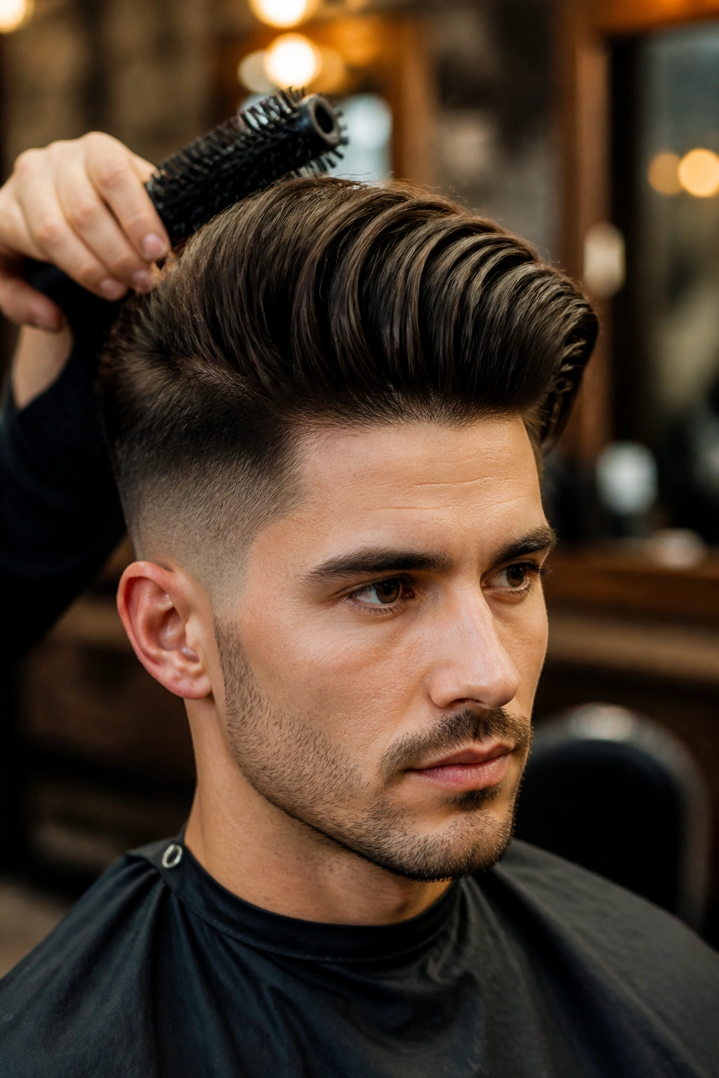 Close-up portrait of a man with a tall pompadour undercut