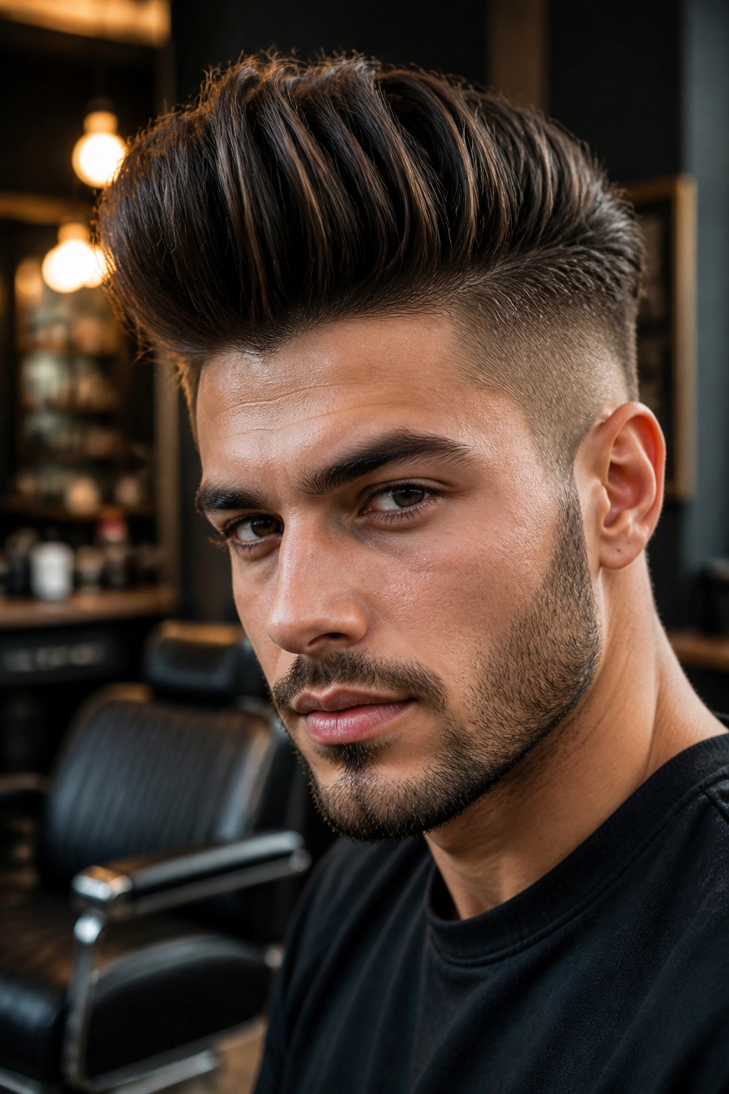 Close-up portrait of a man with a high-volume pompadour undercut in a barbershop setting