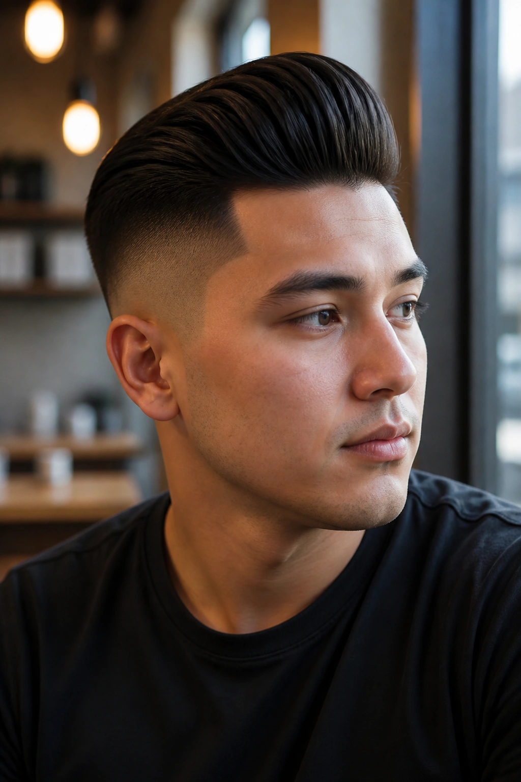 Close-up portrait of a person with a compact pompadour undercut in a sunlit cafe.