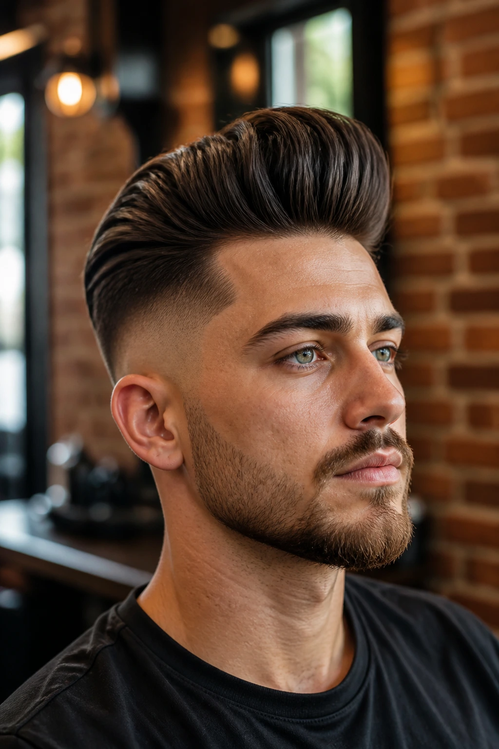 Close-up portrait of a real man with a high-volume pompadour undercut in warm barber shop light